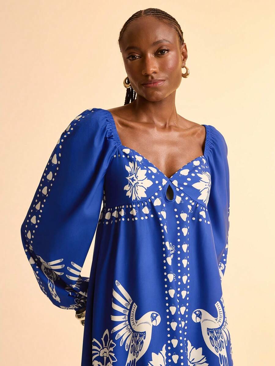 CAJUNI Women's Boho Tropical Print Long Puff Sleeve Cutout Front Short Dress, Casual Summer Holiday Dress - Multicolor - View 1