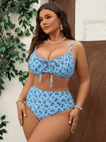 Swim Mod 大码甜美可爱白色和蓝色碎花系带抹胸泳衣套装