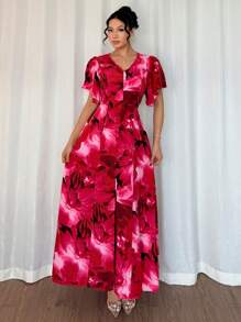 Chiquease 女士优雅花卉印花荷叶边袖长裙，玫瑰红色