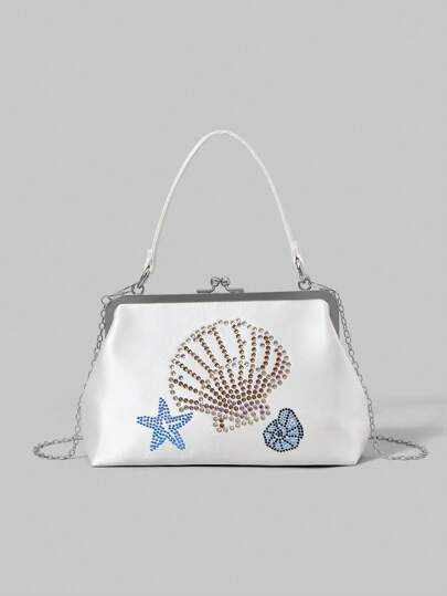 Fairycore Bolso de mano casual de moda con patrón de estrella de mar de rhinestone para mujer, blanco
