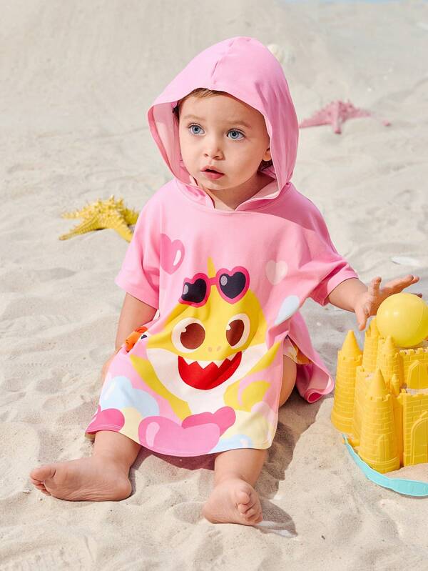 BABY SHARK X SHEIN Baby Girl Summer Holiday Cute Shark Pattern Hooded Beachwear