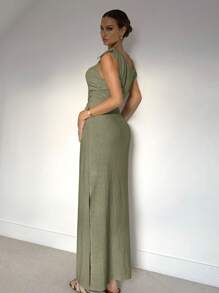 Siren Gaze 女式不对称领口结肩优雅连衣裙，夏季 - 軍綠色 - 查看 2