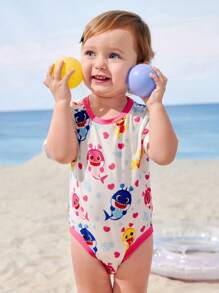 BABY SHARK X SHEIN 2pcs Baby Girl Cartoon Shark & Bubble Print Sweet Bodysuits, Summer - Pink - View 2
