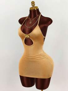 Amplova 2025新款休闲性感低胸镂空迷你连衣裙，带纹理褶皱，女士适用 - 金色 - 查看 3