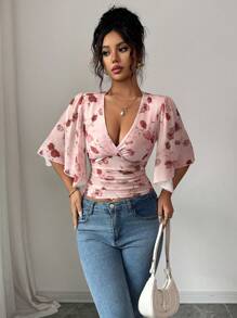 Lyxana 女式优雅花卉印花喇叭袖T恤，夏季 - 粉色 - 查看 3