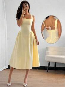 Modelyn Yellow Square Neck Waist-Cinched A-Line Butterfly Dress - Yellow - View 1