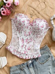 Soleia Top de tirantes de encaje con estampado floral en tonos rosas, apropiado para playa, citas, fiestas, festivales de música, estilo ballet, uso diario - Multicolor - Ver 5