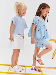 Leap Crew Leap Crew Conjunto de 2 piezas de camisa de manga abullonada y pantalones cortos con dobladillo con volantes, de corte holgado y sencillo, cómodo, para niñas jóvenes - Azul - Ver 5