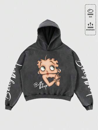 Betty Boop | ROMWE Men's Cartoon Figure Graphic Hoodie, Loose Cropped Fit