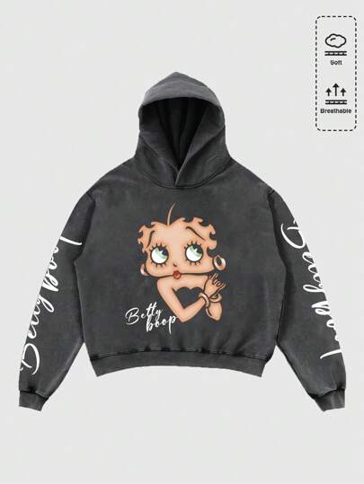 Betty Boop | ROMWE Men's Cartoon Figure Graphic Hoodie, Loose Cropped Fit