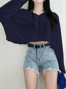 DAZY Camiseta suelta de mujer de cuello en V y unicolor, tops de primavera/verano con estilo universitario de manga larga, ropa de mujer de otoño, tops cortos de mujer