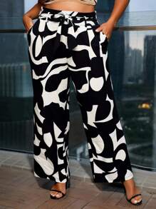 SHEIN SXY Plus Size Women Geometric Print Knotted Waist Pockets Wide Leg Pants,Suitable For Early Spring, Spring And Summer, Rainforest, Beach Party, Seaside Vacation, Bonfire Party, Cool And Light, Slim Fit, Comfortable To Wear,Easy To Match&Looks Slim,Accent Your Body,Flatter The Figure