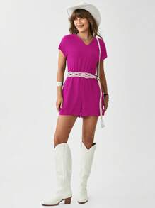 SHEIN LUNE 女士纯色休闲短袖连体裤 - 玫紅色 - 查看 4