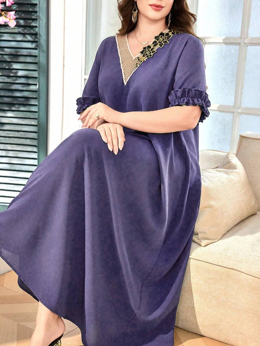 Lacomfia Vestido largo de estilo árabe con cuello redondo, manga corta, y volantes en talla grande de unicolor - Morado - Ver 1