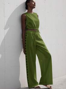 Aveloria Modichic 全新法式时尚度假简约优雅品质女装纯色几何刺绣镂空圆领无袖抽绳短款上衣和阔腿裤两件套