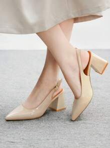 CUCCOO BIZCHIC 女士时尚米色露背尖头粗跟鞋，经典简约设计，适合通勤、约会、派对、度假、婚礼 - 米色 - 查看 5