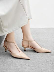 CUCCOO BIZCHIC Women's Fashion Pointed Toe Chain Decor Open Back Kitten Heel Pumps