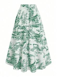 SHEIN Unity 女士印花 A 字裙，优雅适合度假、日常和通勤 - 綠色 - 查看 2