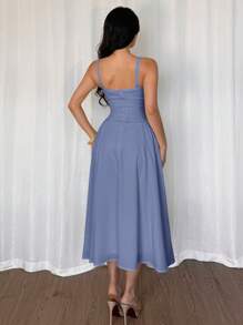 Firerie Women's Elegant Minimalist V-Neck Ruched Texture Fabric Beach Midi Dress, A-Line Silhouette, Summer - Blue - View 2