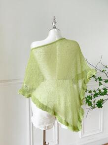 Comfortcana 大码女式绿色荷叶边下摆半透明休闲钩针斗篷 - 薄荷綠 - 查看 2