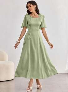 Modelyn Women Square Neck Ruffle Sleeve Floral Print Bodycon Short Sleeve Dress - Green - View 3