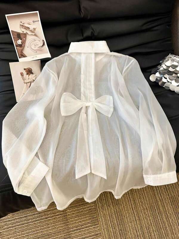 Regalyn Plus Size White Casual Transparent Thin Shirt With Bowknot