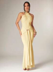 Silquee Women's Elegant Overlapping Design Long Sleeve Maxi Dress, Front Center Slit, Metal Button Decor, Stretchy Knit Fabric, Suitable For Party, Cocktail And Romantic Date, Autumn/Winter, Yellow Formal Dress Gold Formal Dresses For Women Glamorous Gown Goddess Dress Slaydiva Dresses Yellow Gown Halter Neck Gown