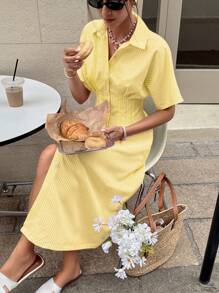 Serisse Women's Summer Striped Bat Sleeve Pleat Casual Shirt Midi Dress New Year - Yellow - View 3