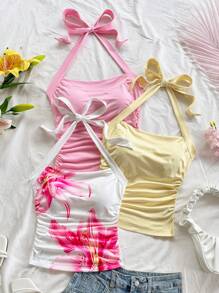 Soleia 全新优雅度假休闲针织纹理印花细肩带露背夏季吊带背心上衣 - 彩色 - 查看 3