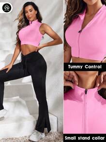 SHEIN Core Rhythm 纯色无缝高弹力短款运动背心 - 粉色 - 查看 5