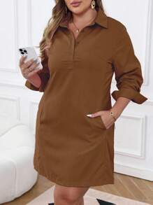 Calvaya Plus Size Casual Solid Color Long Sleeve Knee-Length Dress