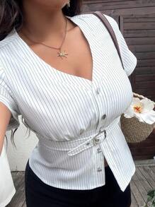 Sunnyshic 条纹束腰休闲舒适衬衫 - 白色 - 查看 5