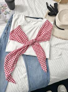 Comfortcana White Contrast Plaid Bow Decor Plus Size T-Shirt