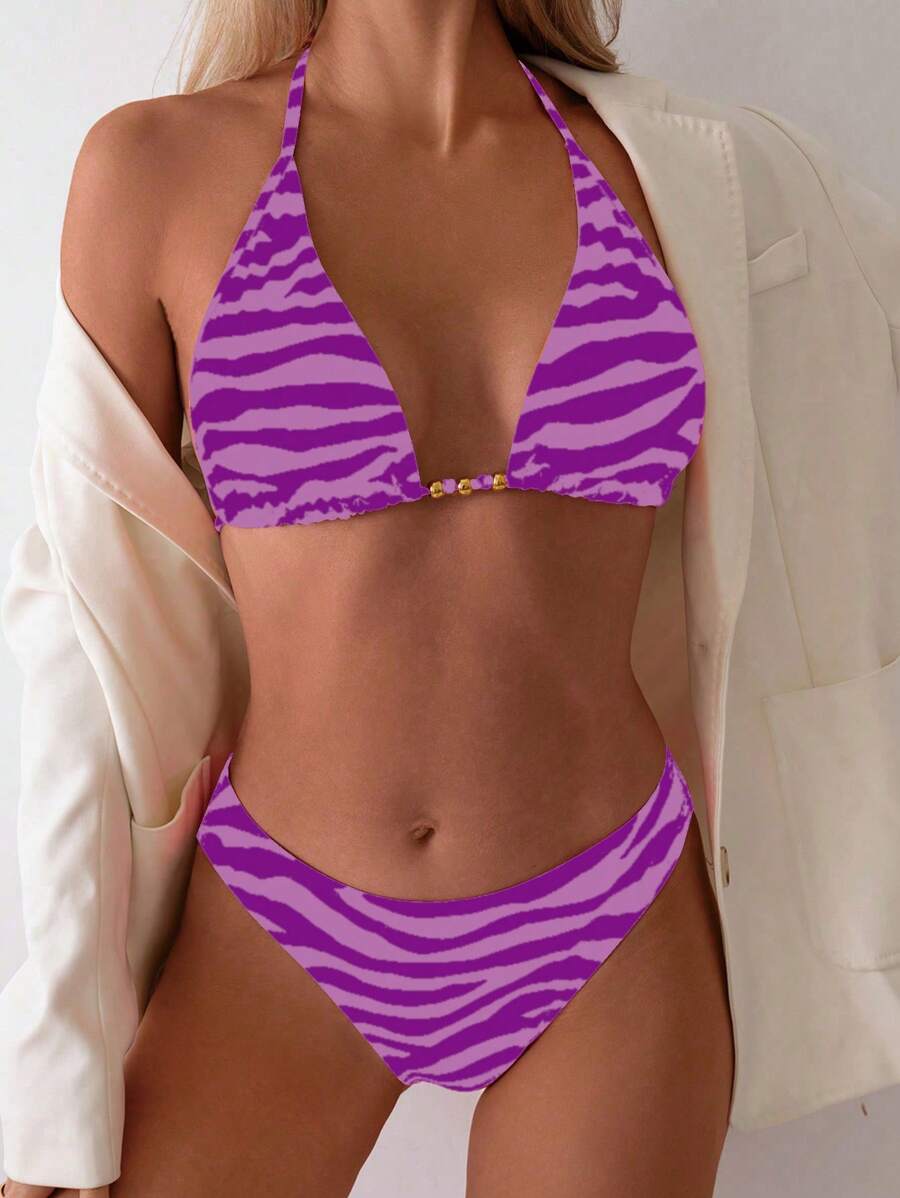 SHEIN Swim 2件組斑馬紋V領比基尼泳衣套裝,適合夏季海灘度假 - 彩色 - 查看 1