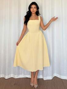 Modelyn Yellow Square Neck Waist-Cinched A-Line Butterfly Dress - Yellow - View 6
