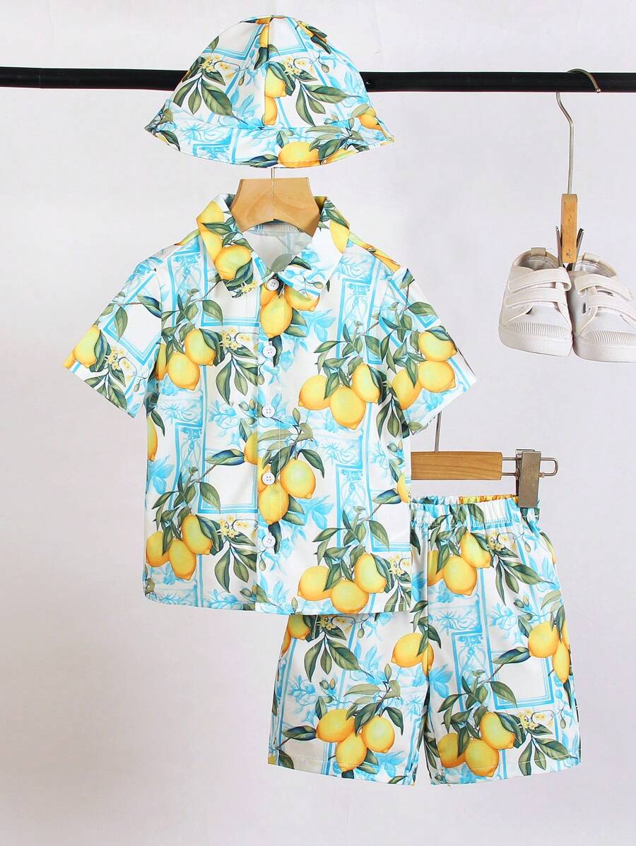 SHEIN 小男孩柠檬印花休闲单排扣短袖衬衫，轻盈，适合夏季度假