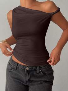 Women's Casual Asymmetrical Neck Top, Solid Color For Summer