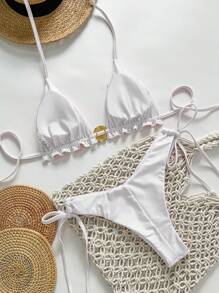 Swim Chiccia Springbreak Women Summer Solid Color Spaghetti Strap Metal Shell Decor Side-Tie Minimalist Bikini Set - White - View 2