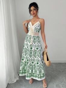 SHEIN Unity 女款休閒碎花細肩帶洋裝，春季 - 綠色 - 查看 4