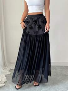 Elenzga Women Floral 3D Decor Ruffle Elegant Skirt Fall Cloth For Women - Black - View 5