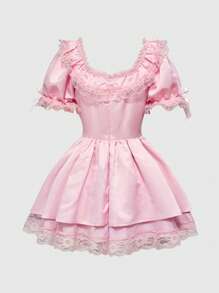 ROMWE Kawaii Vintage Palace Angelcore & Dollcore 厚重蕾丝缎面淡粉色可爱连衣裙 - 粉色 - 查看 2