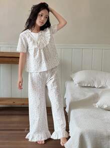 Dazy Kids 2 件套 Tween Girls 碎花圆领短袖 T 恤和长裤睡衣，秋季 - 白色 - 查看 2