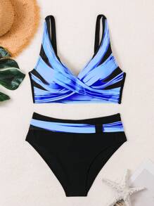 Swim Lushoire 女士条纹交叉前开性感比基尼两件套泳衣套装，适合夏季海滩 - 彩色 - 查看 3