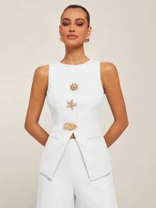 Silquee 秋冬女士时尚优雅正装无袖海星贝壳装饰西装外套 - 白色 - 查看 8