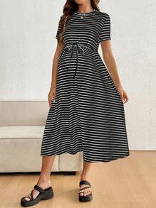 SHEIN 孕妇夏季条纹短袖系腰休闲连衣裙