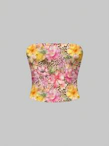 ROMWE J-Fashion Top smanicato estivo da donna con stampa floreale e leopardata, sexy e adatto per la vacanza al mare