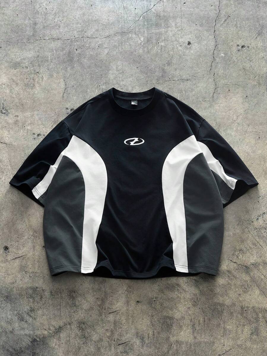 AXEPEAK Plus Size Men's Casual Loose Fit Colorblock Round Neck Short Sleeve T-Shirt, Summer