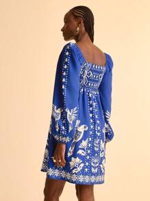 CAJUNI Women's Boho Tropical Print Long Puff Sleeve Cutout Front Short Dress, Casual Summer Holiday Dress - Multicolor - View 2