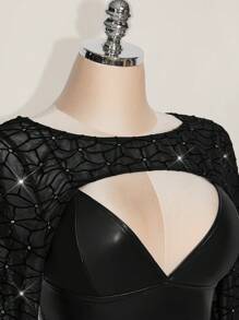 SHEIN ICON Plus Size Extra Cropped Long Sleeve Top With Rhinestone Embellished Mesh Overlay, Y2K Style,Club Outfits Women Sexy,Going Out Tops Women