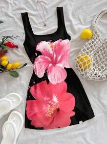 Soleia Women's Casual U-Neck Mini Bodycon Dress With Side Slit, Suitable For Summer, Large Floral Print,Boho Clothes Women Chic Dress